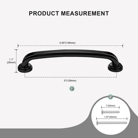 5 Inch Hole Centers Black Zinc Alloy Cabinet Handles 30 Pack with measurements for kitchen drawers and dressers