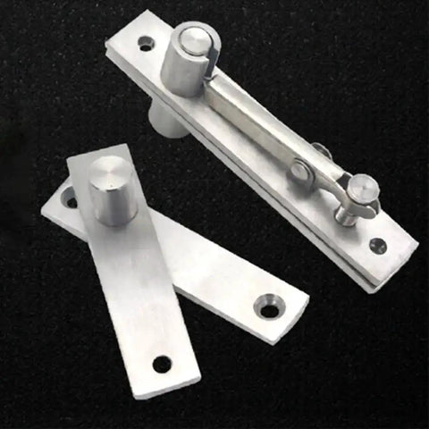 Built Tough Stainless Steel Pivot Door Hinge With 360 Degree Swivel and Invisible Mount, shown disassembled on a black surface