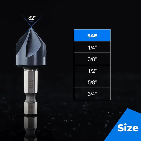 Pro Cobalt Countersink Drill Bit Set With Quick Change Hex Shank showing bit sizes from 1/4 to 3/4 inch on black background