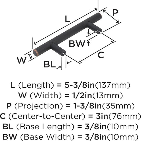 Diagram of Oil Rubbed Bronze Bar Cabinet Pull 3 Inch Center To Center Contemporary Drawer Handle 5-3/8 Inch with dimensions