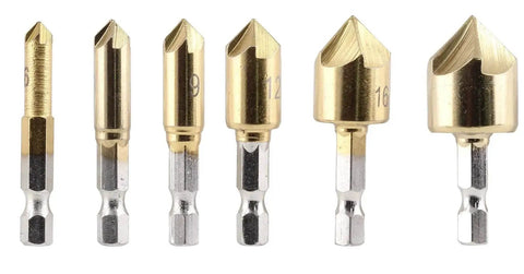 Front view of Six Piece Countersink Drill Bit Set With Three Flute 90 Degree Bits, Titanium HSS Chamfering Tools For Metal And Wood