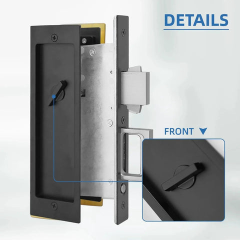 Modern Pocket Door Hardware Set With Privacy Lock, Finger Flush Pulls And Soft Close, shown in black finish with zinc alloy construction.