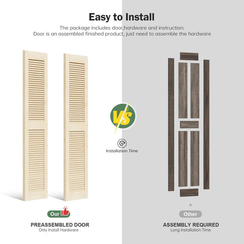 Comparison of preassembled Space Saving Bifold Barn Door Set 36 X 84 Inch Double 18 X 84 and unassembled doors.