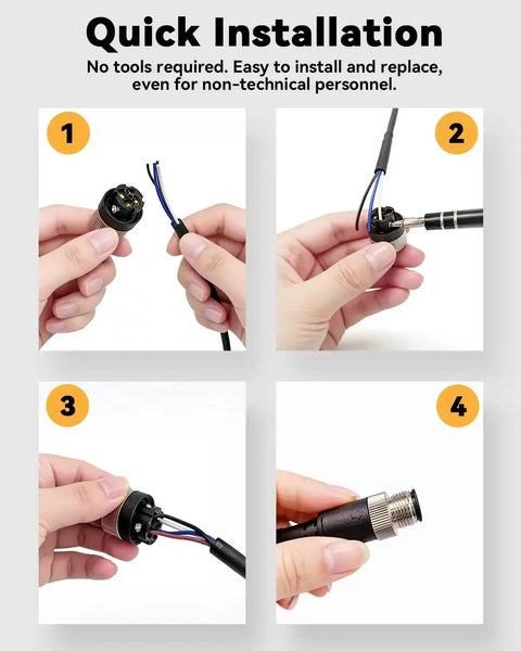 Step-by-step installation of M12 4Pin ACoded Waterproof Sensor Extension Cable for Proximity Switches and Photoelectric Devices, IP67 Rating.