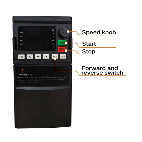 VFD Variable Frequency Drive 220V To 3 Phase Output No Brainer DIY Style Setup, intuitive panel with control labels and speed knob