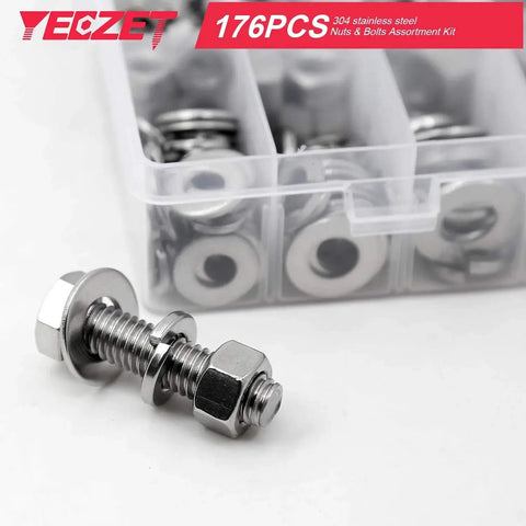 Close-up of 176 Piece Heavy Duty Bolts And Nuts Kit In 304 Stainless Steel With 9 Common Sizes for DIY projects