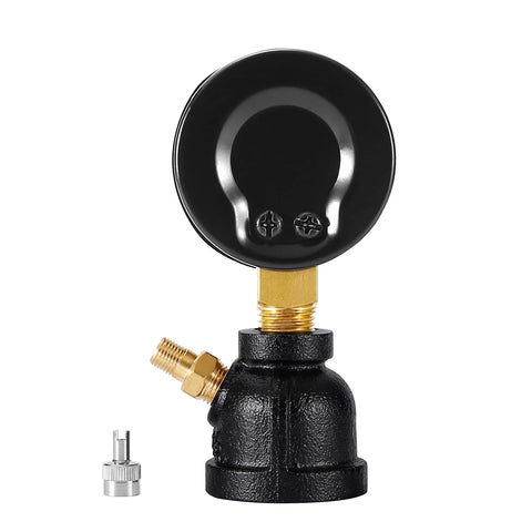 Carbo gas test pressure gauge, 1-inch FNPT brass valve, chrome-plated steel body, black finish with base and adapter