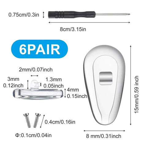 Dimensions of Six Pairs Silicone Eyeglass Nose Pads Set With Screws And Micro Screwdriver, transparent nose cushions with measurements.