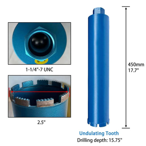 Heavy Duty Two And A Half Inch Diamond Core Drill Bit With One And A Quarter Inch Seven Thread For Reinforced Concrete Masonry Brick And Stone Fifteen Point Seven Four Inch Drilling Depth And Ten Millimeter Diamond Segment Built For Pros shown with dimensions 17.7 inches long.