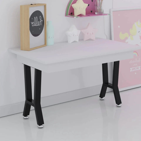 White tabletop supported by "Built To Last 15 Inch Metal Table Bench Legs H Shape Two Pack For DIY Furniture Coffee Table Dining Table End Of Bed Entryway Shoe Rack Indoor Outdoor Use With Adjustable Feet Versatile".