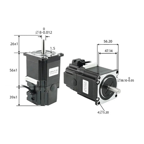 Pair of Amazon NEMA23 brake stepper motors, 57HS56-YC-PD, 4-lead, 126 N·cm, 56 mm body, front and side views.