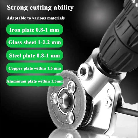 Drill Nibbler Sheet Metal Cutting Tool With Adapter for Cutting Aluminum Steel Copper Iron and Vinyl Slitter displayed with blade