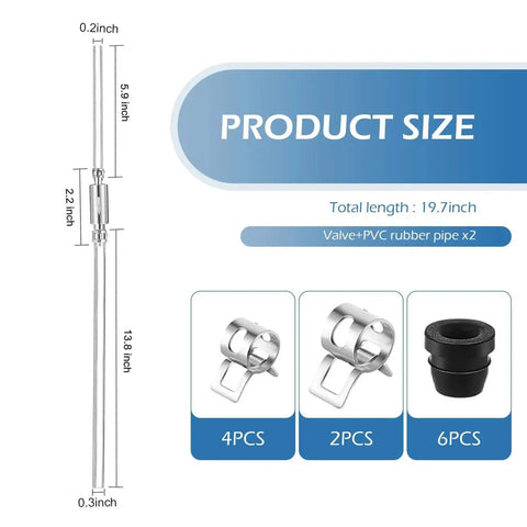 Amazon Bawkars brake bleeder hose kit, 2 pcs, silver; includes one-way valves, PVC tubing, 6 nozzle caps