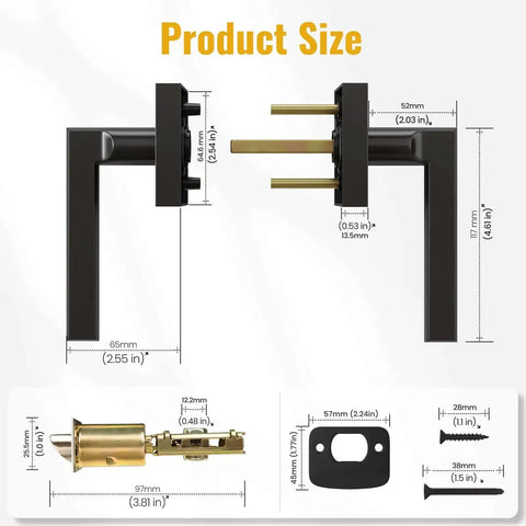 Product diagram showing dimensions of Matte Black Interior Door Lever With Square Plate, Reversible Left Or Right Handing.