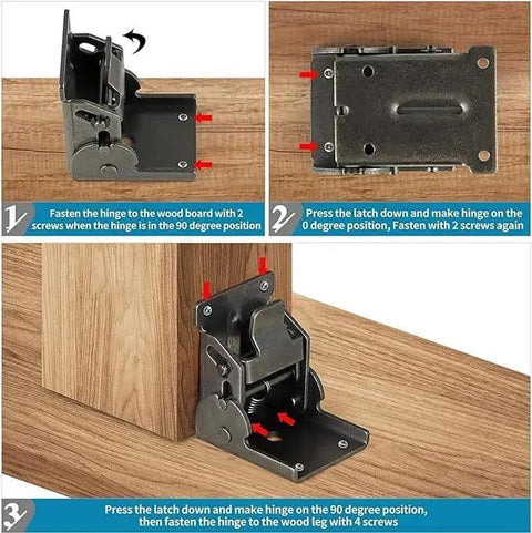 90 Degrees Self Locking Folding Hinge Anti Corrosion Invisible Connector for Folding Tables and Furniture installation steps