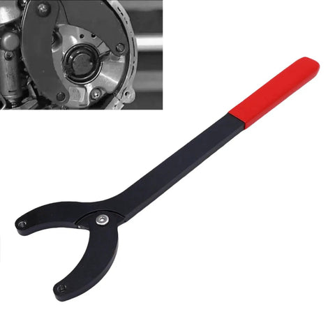 NOENNULL camshaft pulley holder tool with red handle; steel construction, adjustable opening for automotive repair (side view)