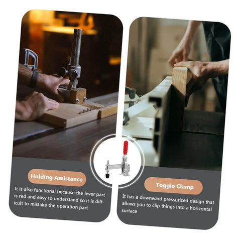 2 Pack Welding Toggle Clamps With Rubber Tips in use on wood, showcasing adjustable pressure and quick release for fixtures.