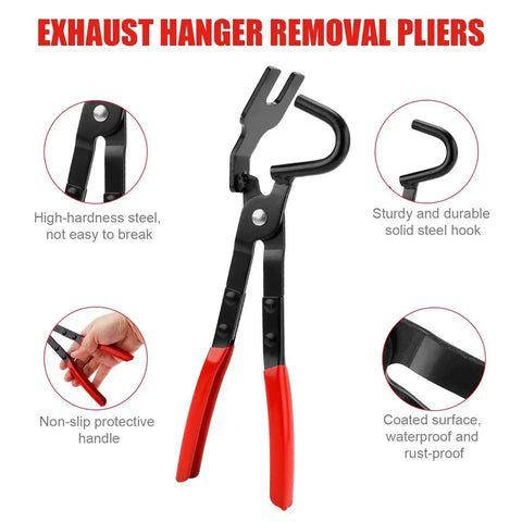 Exhaust Hanger Removal Tool And 4 Hole Rubber Hangers Kit For Cars Trucks with red-handled carbon steel pliers displayed