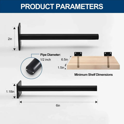 Diagram showing 12 Pack 6 Inch Black Solid Steel Floating Shelf Brackets Hidden Concealed Shelf Supports with measurements and shelf placement.