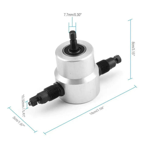 Double Head Sheet Metal Nibbler Cutter Drill Attachment For Straight And Curved Cuts, compact size with dimensions shown.