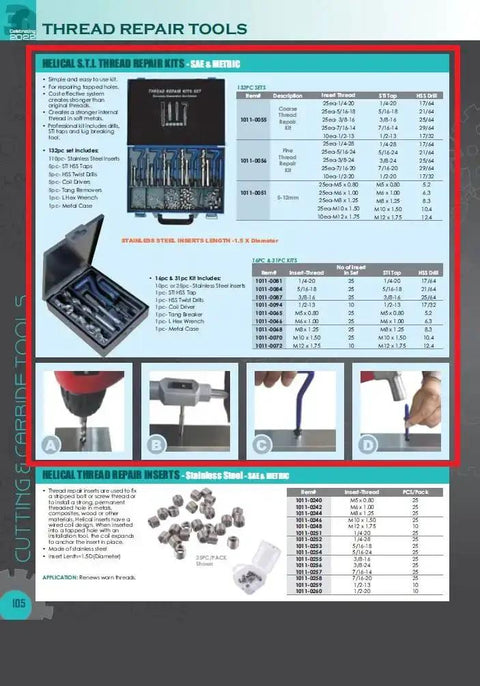 Product information sheet showing the M5 X 0.8 Helical STI Thread Repair Kit, 31 Piece Set With 25 Stainless Steel Inserts, Tap, Drill.