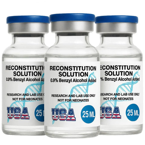 Three 25 ml glass vials with blue caps for laboratory use