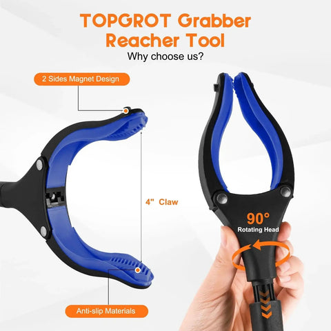 Close-up of 34 Inch Folding Grabber Reacher Tool Set with 360 degree rotating jaw and magnets showing 4 inch claw opening.