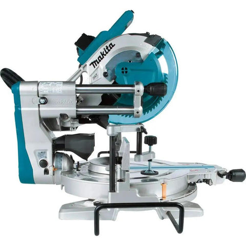 10 Inch Dual Bevel Sliding Compound Miter Saw With Laser For Accurate Cuts, Crown Molding Capacity Up To 6-5/8 Inches Nested, 12 Inch Miter Capacity, 5-1/4 Inch Vertical Cut, Linear Ball Bearing System And Direct Drive Gearbox By Makita LS1019L, side view