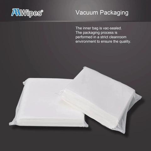 Vacuum-sealed Cleanroom Wipes 6x6 Inches 300 Pcs Grade A 68 GSM for lab electronics, packaged and ready for use.