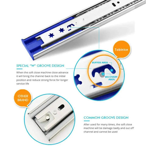 10 Pairs Of Twenty Inch Hardware Three Section Soft Close Full Extension Ball Bearing Side Mount Drawer Slides With 100 Pound Capacity And Zinc Plated Finish Includes Mounting Screws For Spare Use Brackets Sold Separately showing special groove design comparison