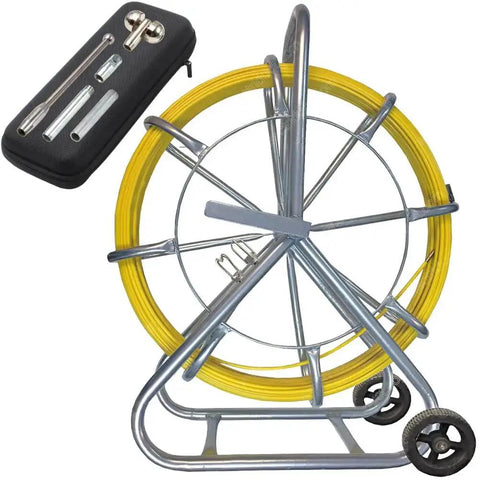 Workhorse Half Inch 1000 Foot Fiberglass Duct Rodder Kit with aluminum cage, stand, wheels, and extra tips for easy cable pulling