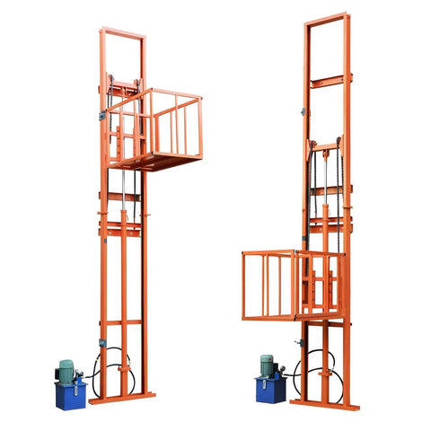 Front and side views of an orange 1-ton wall-mounted electric lift platform with guard rails and hydraulic lift.