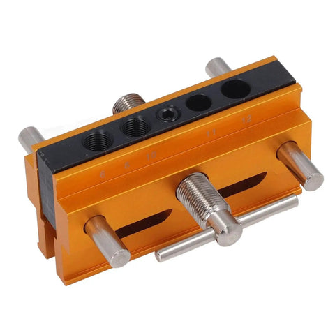 Auto Centering Dowel Jig Kit with Adjustable Drill Guide from 0.4 to 2.4 Inches Wide Six Bushings in Gold Finish