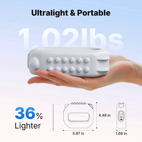 Hand holding grey vibration plate, 1.02 lbs ultralight model with controls, for women, fitness workout and lymphatic drainage.