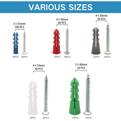 142 Piece Drywall Anchors And Screws Kit With 5 Different Sizes For Lightweight Mounting In Drywall Gypsum Board Lime Chipboard And Wood Ideal For Shelves Hangers Pictures Mirrors And Other DIY Fixings. Various sizes displayed with color-coded anchors and corresponding screws.