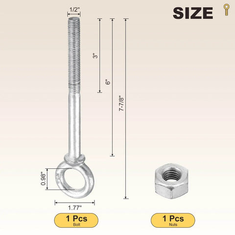 Heavy Duty Half Inch By Six Inch Carbon Steel Eye Bolt With Lifting Ring and nut, side view with dimensions