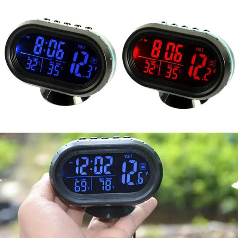 Car Digital Clock And Thermometer With LCD Display And 12-24V Voltmeter showing time, temperature, and voltage on dashboard.