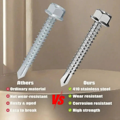 Comparison of ordinary screw vs 125 Piece Self Tapping Screws Kit In 410 Stainless Hex Head Assortment For Sizes Ten And Twelve