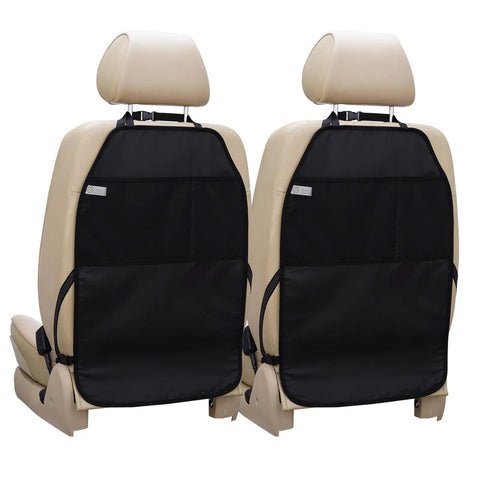 Durable Large Car Seat Protector Kick Mats 2 Pack With Dual Mesh Pockets And Water Resistant Oxford Cloth Keeps Back Seats Clean From Dust Mud Scrubs Scratches In Black, installed on beige front seats.