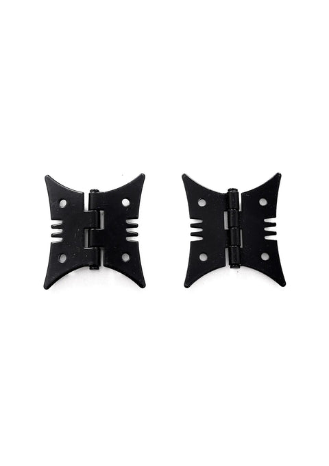 Two black butterfly hinges from the Rustic Speak Easy Door Latch And Decorative Hinge Kit with One Latch, Two Butterfly Hinges and Twelve Black Mounting Screws for Old West Tavern Style Doors Latch Size 3 1/4 In By 1 In By 1 In Hinges 2 In By 2 3/8 In
