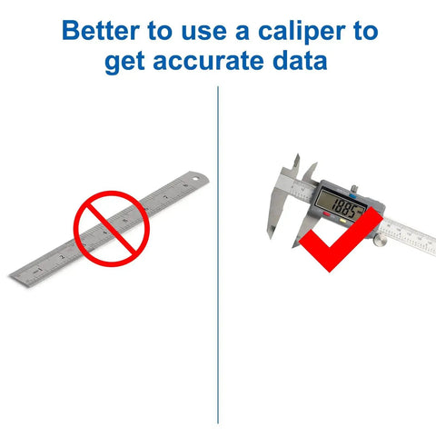 Comparison between ruler and digital caliper for accurate measurements, highlighting caliper's precision with a check mark.