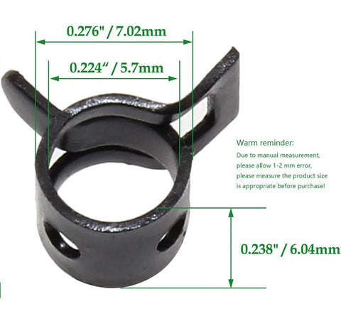 Rierdge black spring band hose clamp, 1/4 in ID, for 6.5–7.2 mm OD fuel, water, and air hoses.