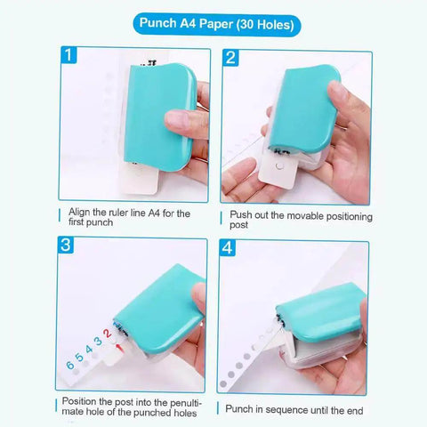 Instruction guide for 6 Hole Puncher For A4 A5 B5 Notebooks And Scrapbooks Handheld Metal Circle Paper Puncher in use on A4 paper.