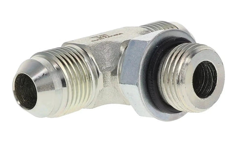 Branch Tee Hydraulic Fitting Built Tough With Two Three Eighths Inch Male JIC Nine Sixteen Eighteen Threads And One Quarter Inch ORB Seven Sixteen Twenty Thread Male Carbon Steel With Zinc Trivalent Coating For High Pressure And Wear Resistance close-up view
