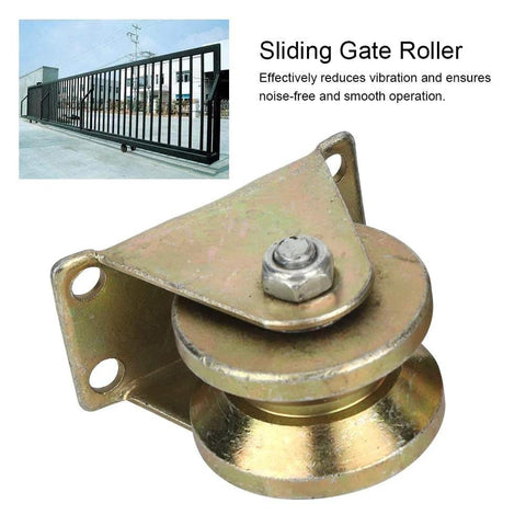 V Type Sliding Gate Roller Set With V Wheel Track Heavy Duty Steel Gate Accessories For Industrial And Home Shop Use Noiseless V Shaped Bracket Durable Gate Rollers In A 2 Pack, shown in close-up view