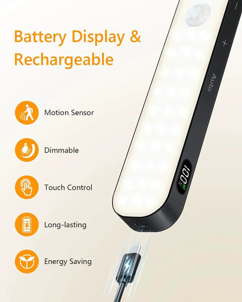 Close-up of rechargeable motion sensor closet light with battery display, USB-C plug, and dimmable touch control.