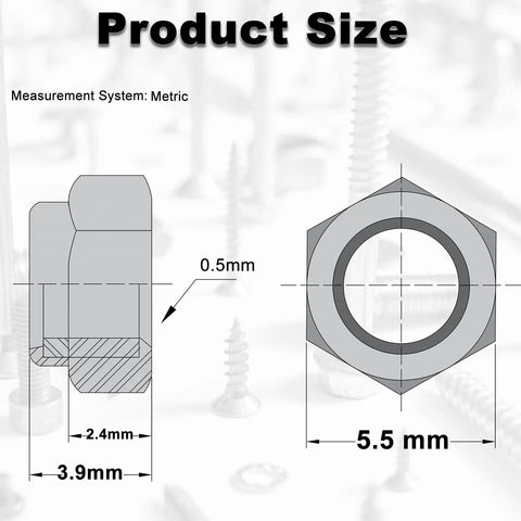 Diagram showing dimensions of M3 Nylon Insert Hex Lock Nuts 5.5mm hex size and 0.5mm pitch