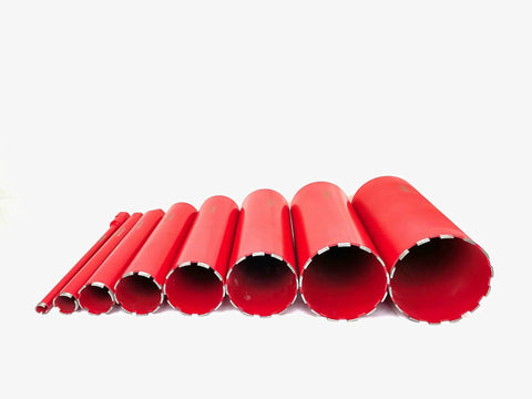 Pro Grade Heavy Duty Concrete Core Drill Package with 8 Inch Wet Coring Bits 1 to 8 110V 2400W High Output Core Drill with Stand 8 Inch Max Hole Red Finish by Bluerock Tools, showing a set of red wet coring drill bits.
