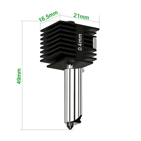 2 Pack A1 Mini And A1 Hotend Kit With 0.4mm Hardened Steel Nozzle dimensions shown, high temperature extruder replacement for 3D printer