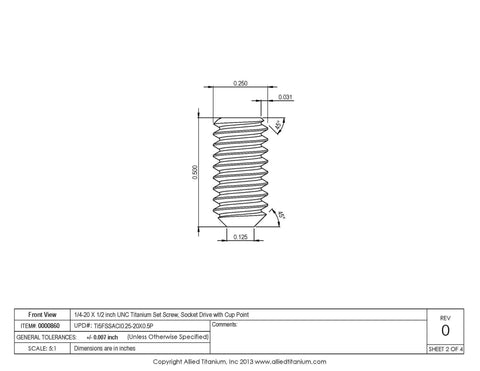 Engineering diagram of Premium Titanium Set Screw 1/4-20 UNC 1/2 Inch Socket Drive With Cup Point Grade 5 Ti 6Al 4V Pack of 10